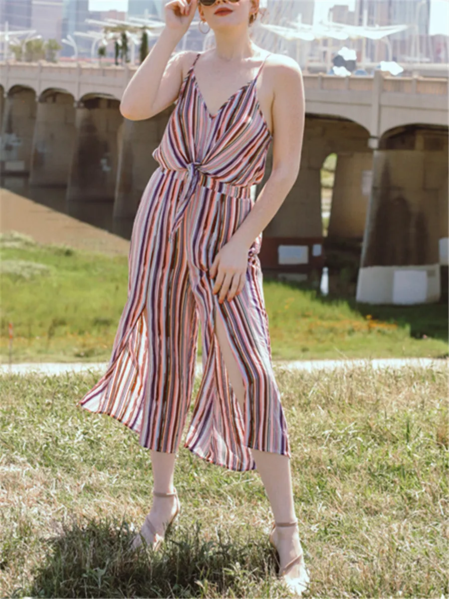 V-neck Stripe Printed Loose Jumpsuit