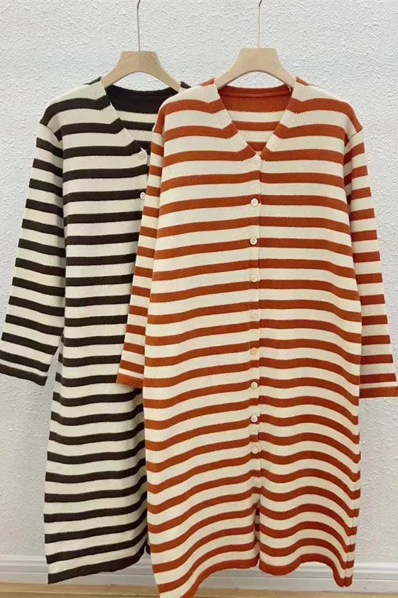 V-neck striped knitted cardigan long dress