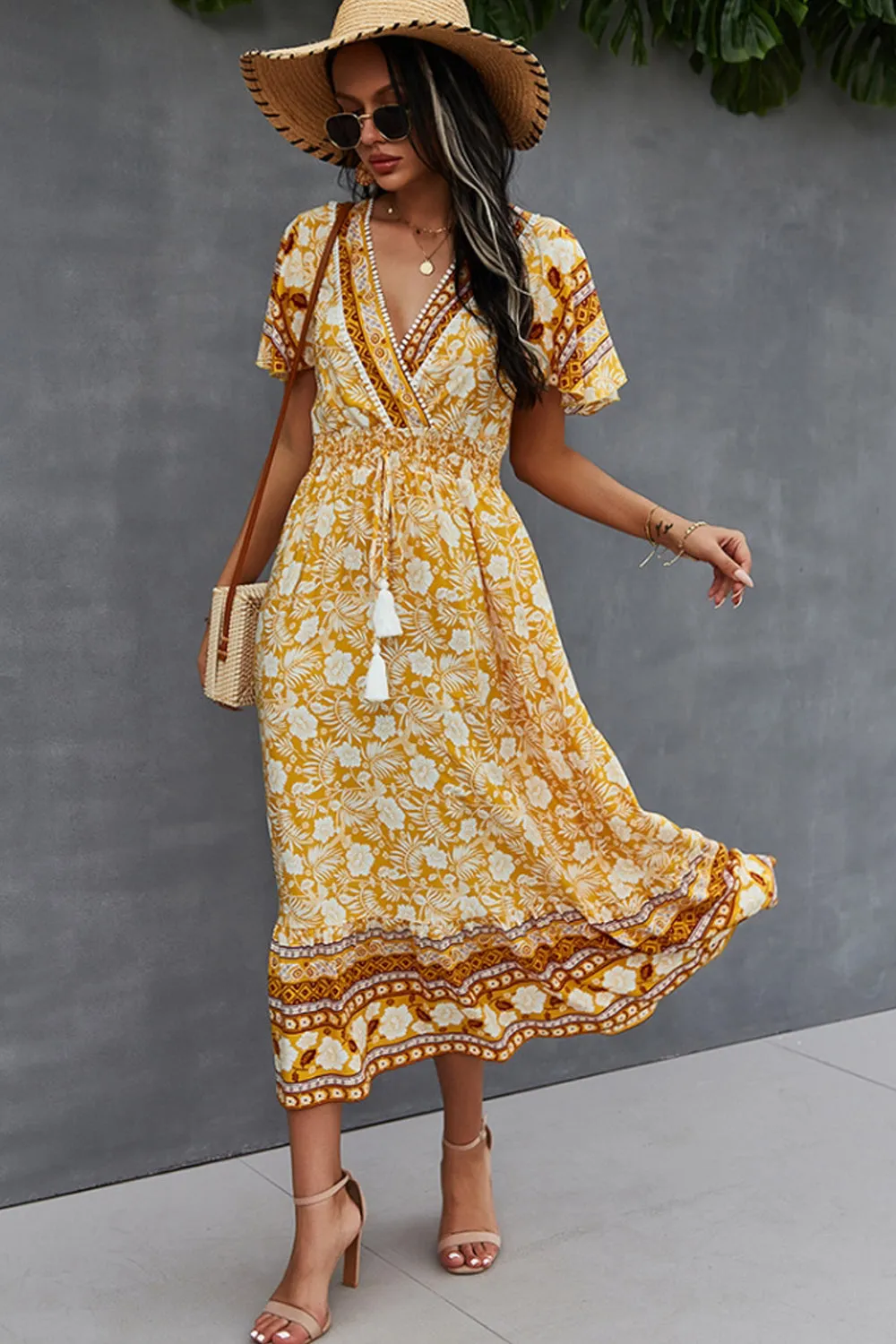 V-Neck Tie Bohemian Dress