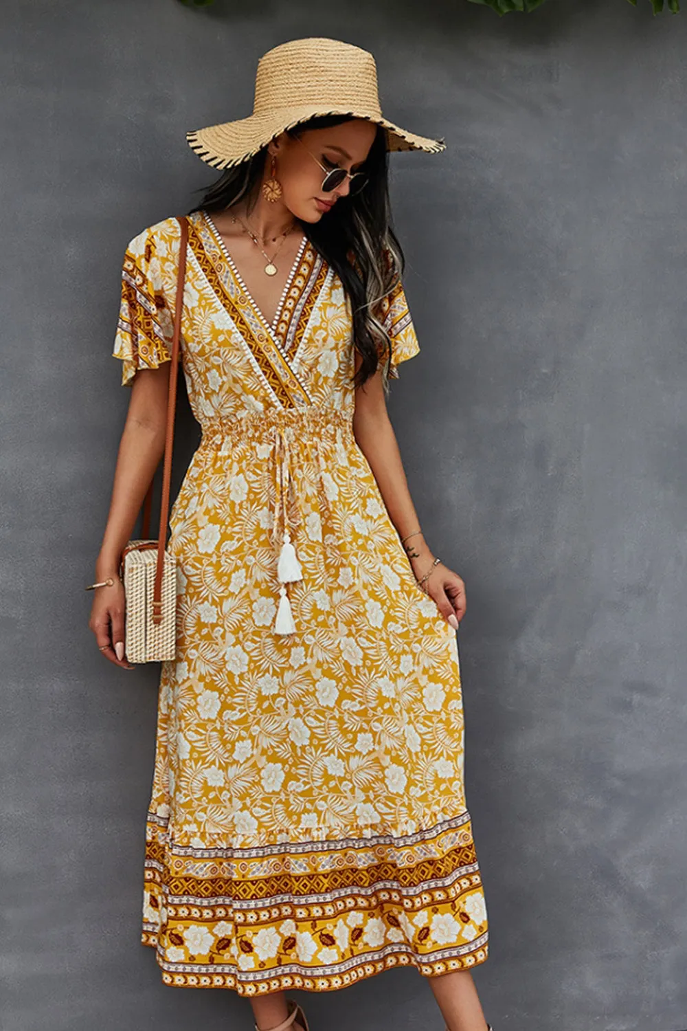 V-Neck Tie Bohemian Dress