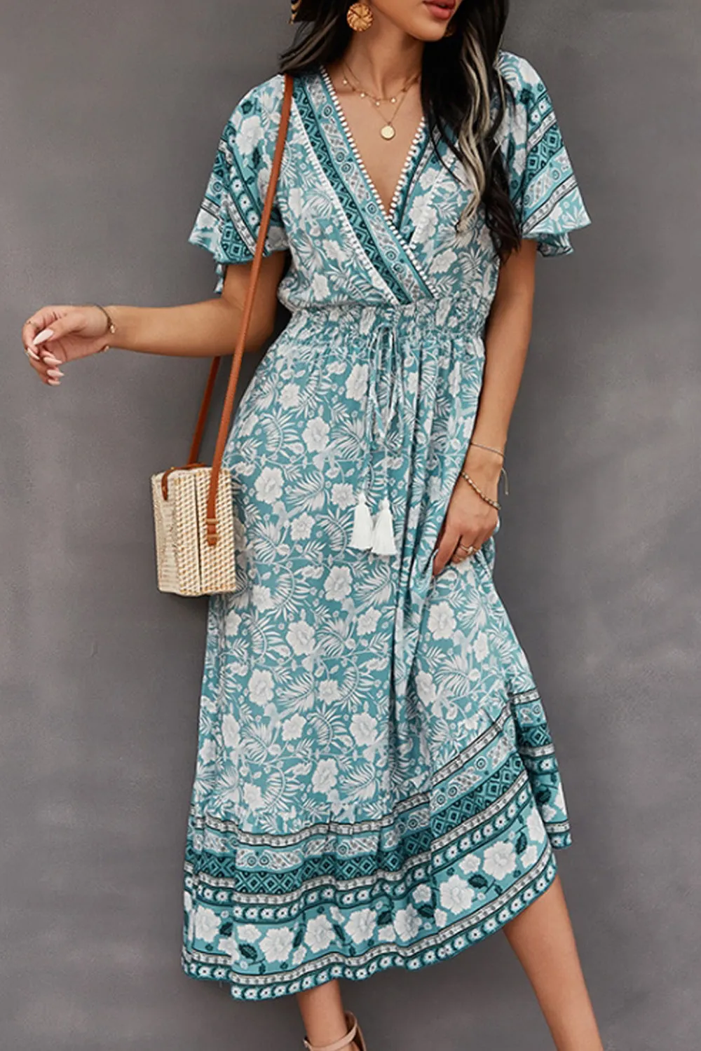 V-Neck Tie Bohemian Dress