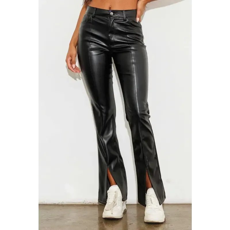 Vegan Leather Front Slit Bootcut Pants