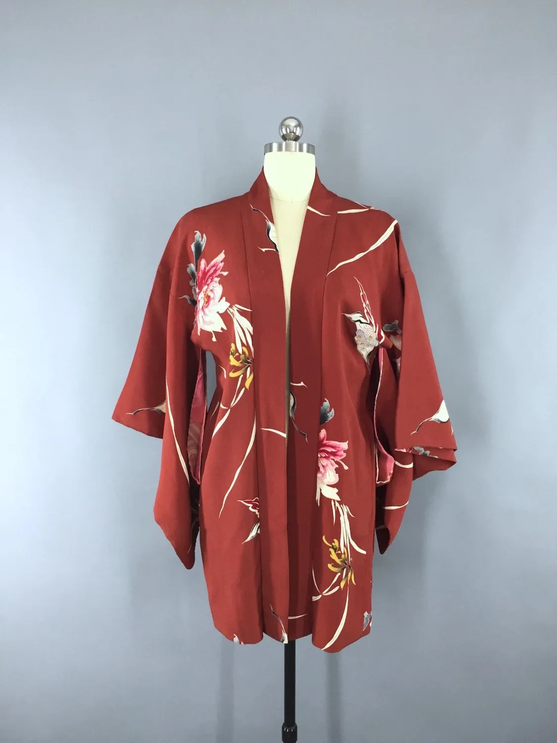 Vintage 1940s Silk Haori Kimono Cardigan / Art Deco Floral Print