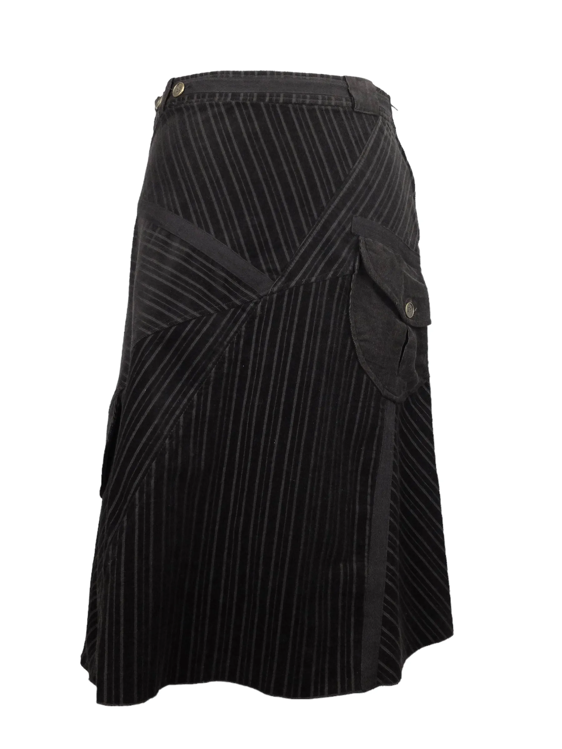 Vintage 2000s Y2K Grunge Bohemian Low Rise Dark Brown Striped Velour Circle Skater Midi Skirt | 30 Inch Waist