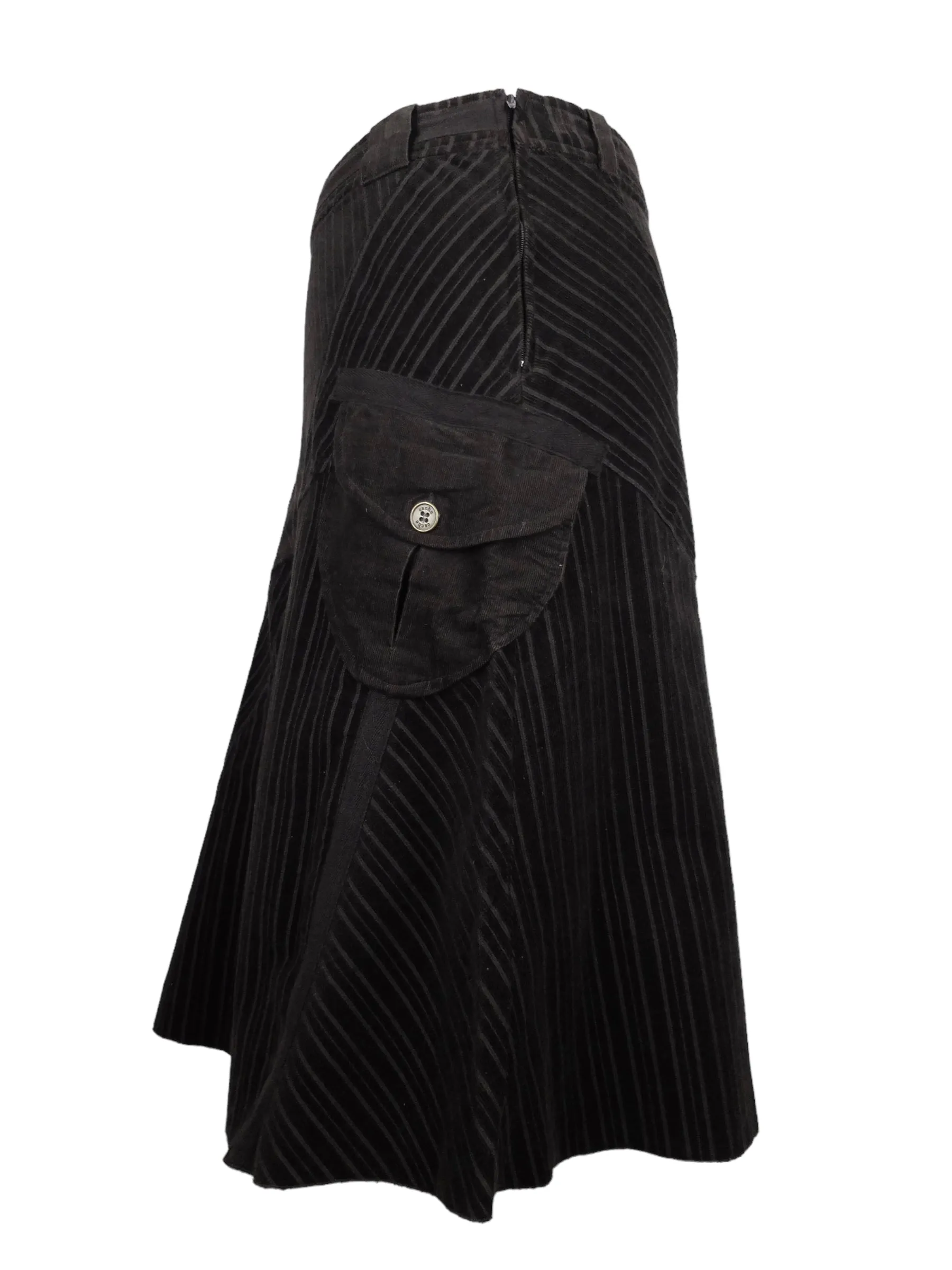 Vintage 2000s Y2K Grunge Bohemian Low Rise Dark Brown Striped Velour Circle Skater Midi Skirt | 30 Inch Waist