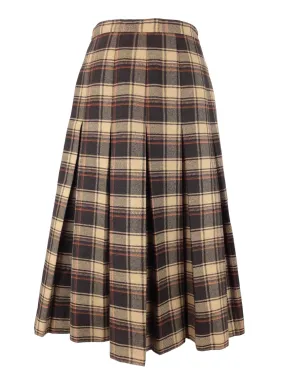 Vintage 70s Mod Schoolgirl Academia Punk Style Wool Blend High Waisted Wool Brown & Beige Plaid Check Print A-Line Midi Skirt | 30 Inch Waist