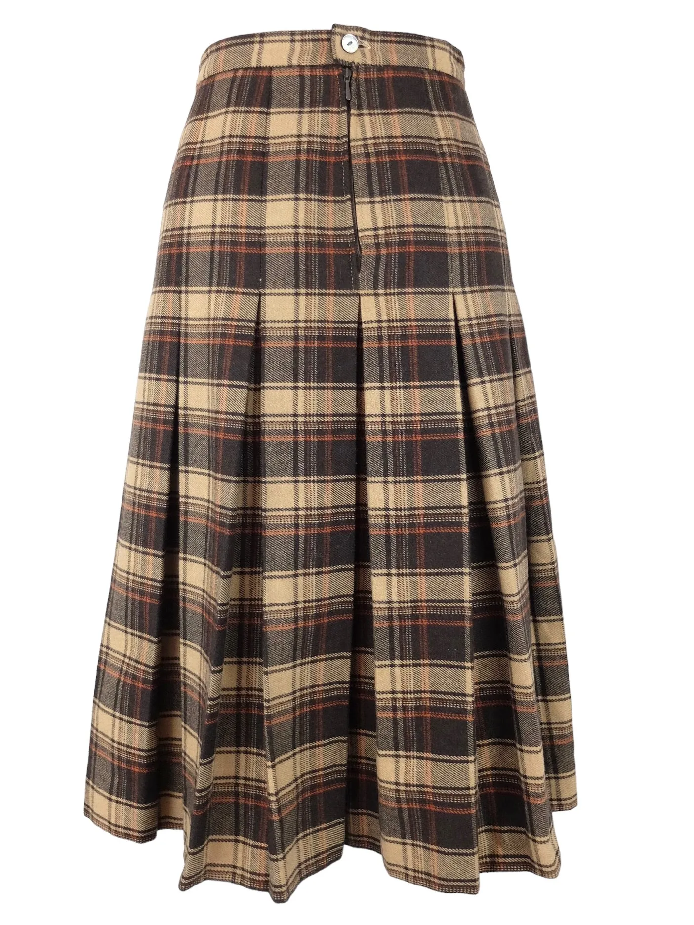 Vintage 70s Mod Schoolgirl Academia Punk Style Wool Blend High Waisted Wool Brown & Beige Plaid Check Print A-Line Midi Skirt | 30 Inch Waist