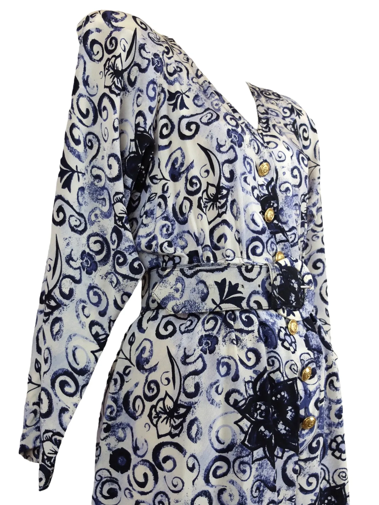 Vintage 80s Bohemian Avant-Garde Abstract Patterned Silk Blend Belted Button Down Blue & White Long Sleeve V-Neck Pantsuit Jumpsuit | Size M