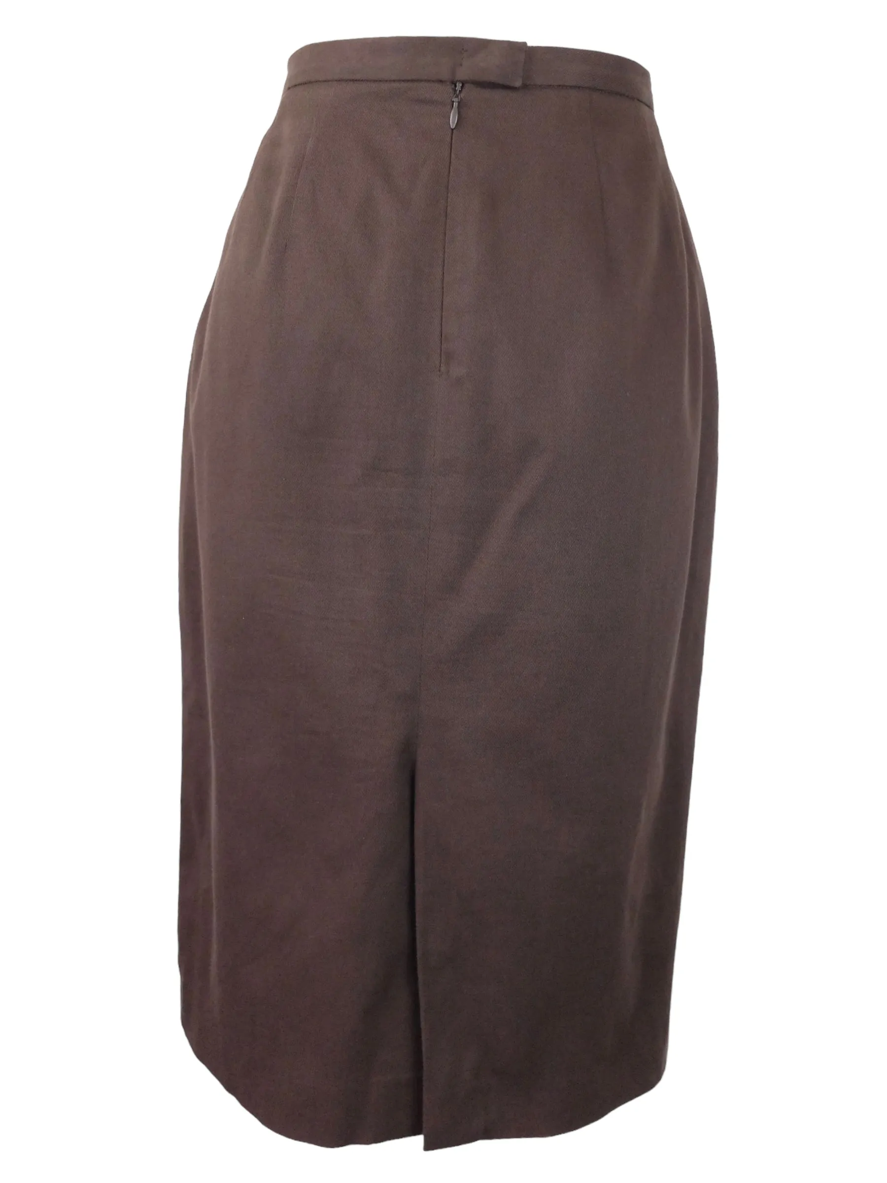 Vintage 80s Burberrys Designer Chic Mod Solid Basic Brown Below-the-Knee Straight Silhouette Midi Skirt  | 30 Inch Waist