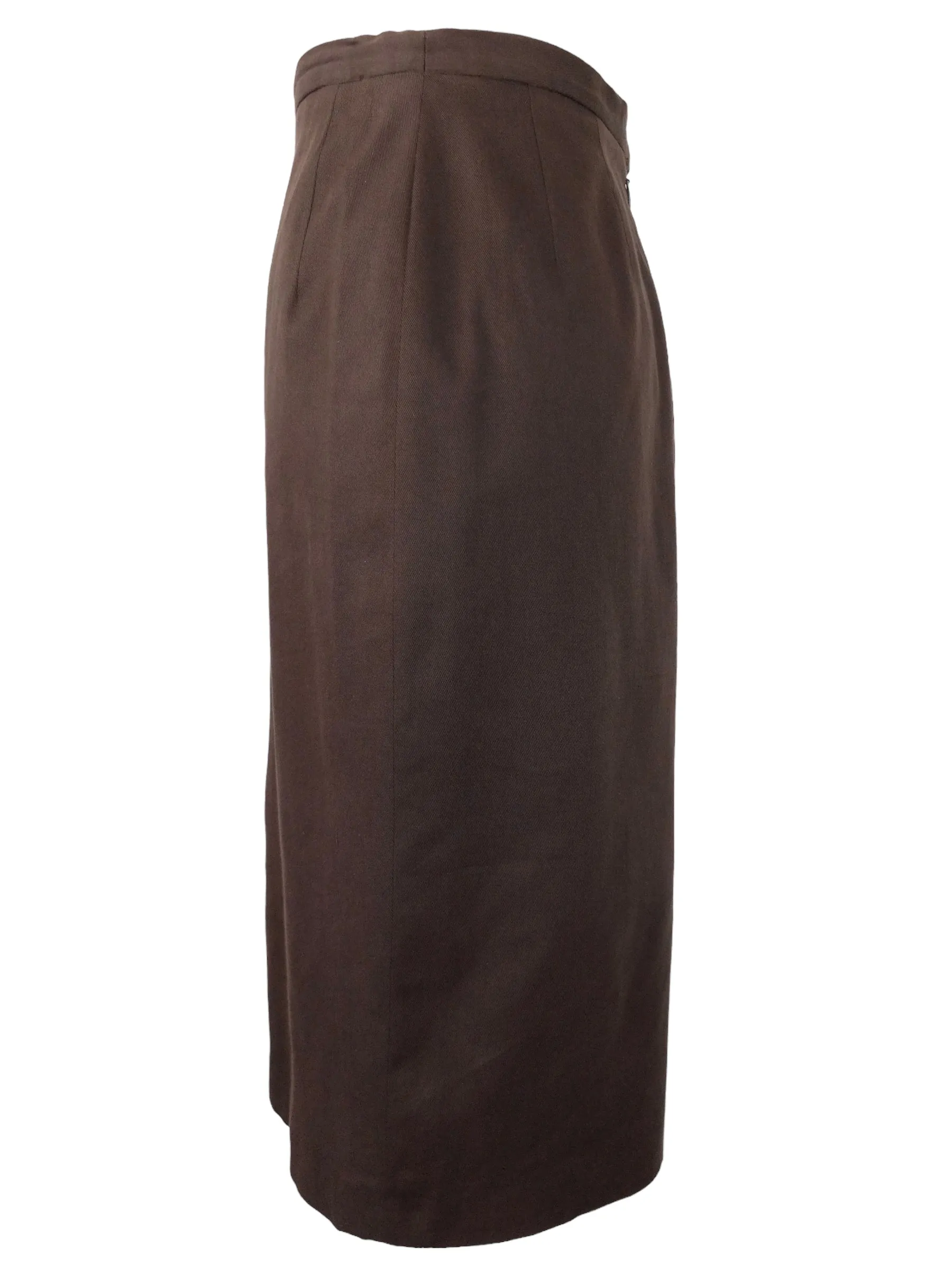 Vintage 80s Burberrys Designer Chic Mod Solid Basic Brown Below-the-Knee Straight Silhouette Midi Skirt  | 30 Inch Waist