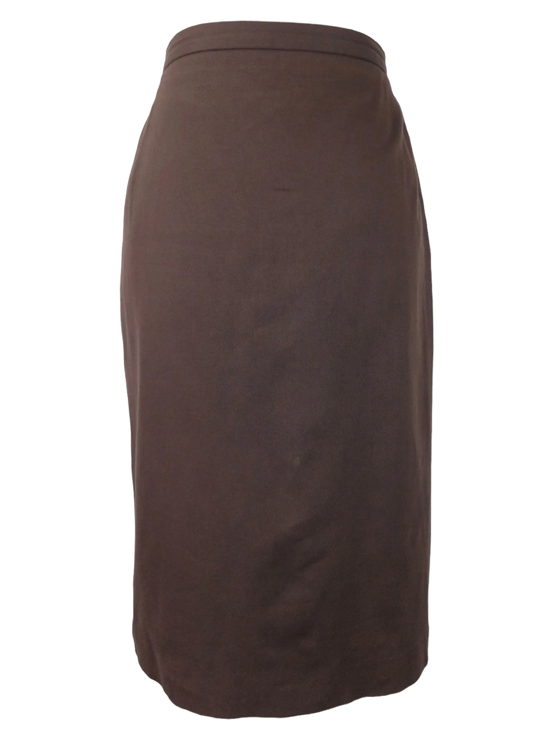 Vintage 80s Burberrys Designer Chic Mod Solid Basic Brown Below-the-Knee Straight Silhouette Midi Skirt  | 30 Inch Waist