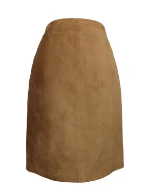 Vintage 90s Y2K Tan Brown Suede Leather High Waisted Below-the-Knee A-Line Midi Skirt | 29 Inch Waist