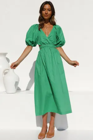 Vintage Puff Sleeve Deep V Cutout Beach Vacation Midi Dress - Green