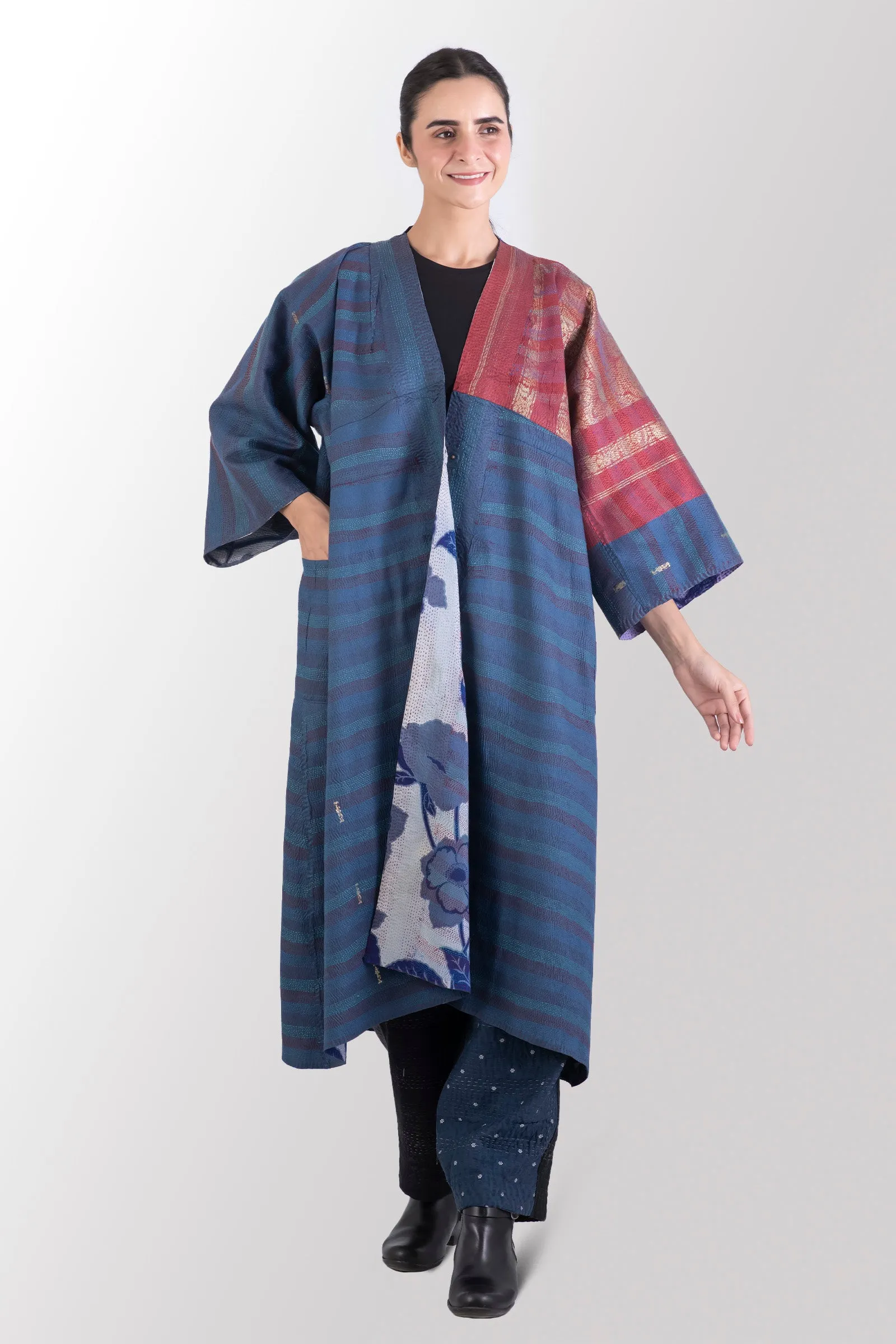 VINTAGE SILK GEORGETTE KANTHA KIMONO MAXI - sg2318-0003a -