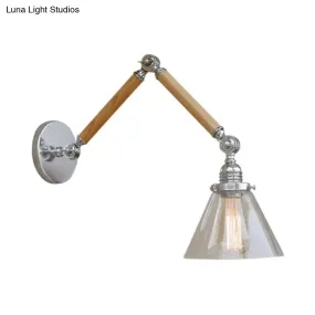 Vintage Style Clear Glass Cone Bedside Sconce Light Fixture with Chrome Wall Mount - Wooden Arm Options: 8" 8"/6" 6"/8" 4