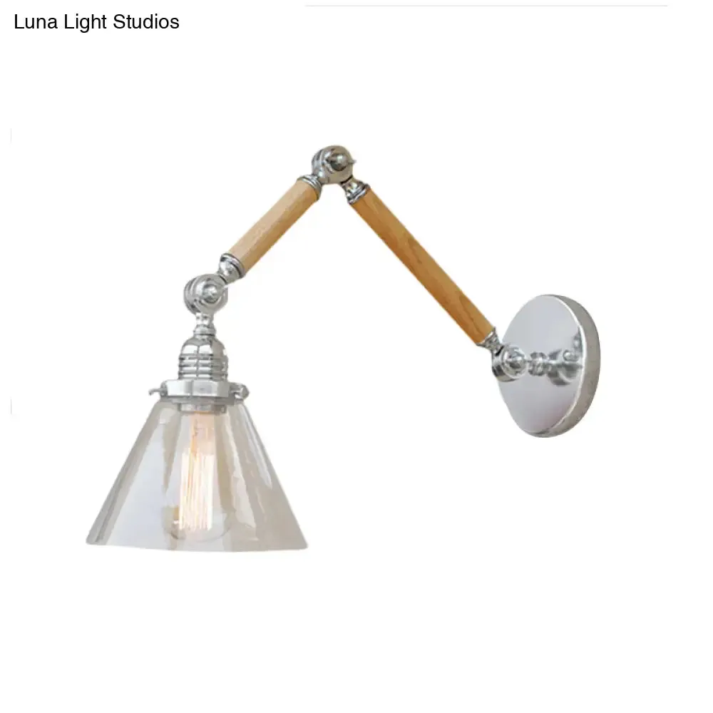 Vintage Style Clear Glass Cone Bedside Sconce Light Fixture with Chrome Wall Mount - Wooden Arm Options: 8" 8"/6" 6"/8" 4