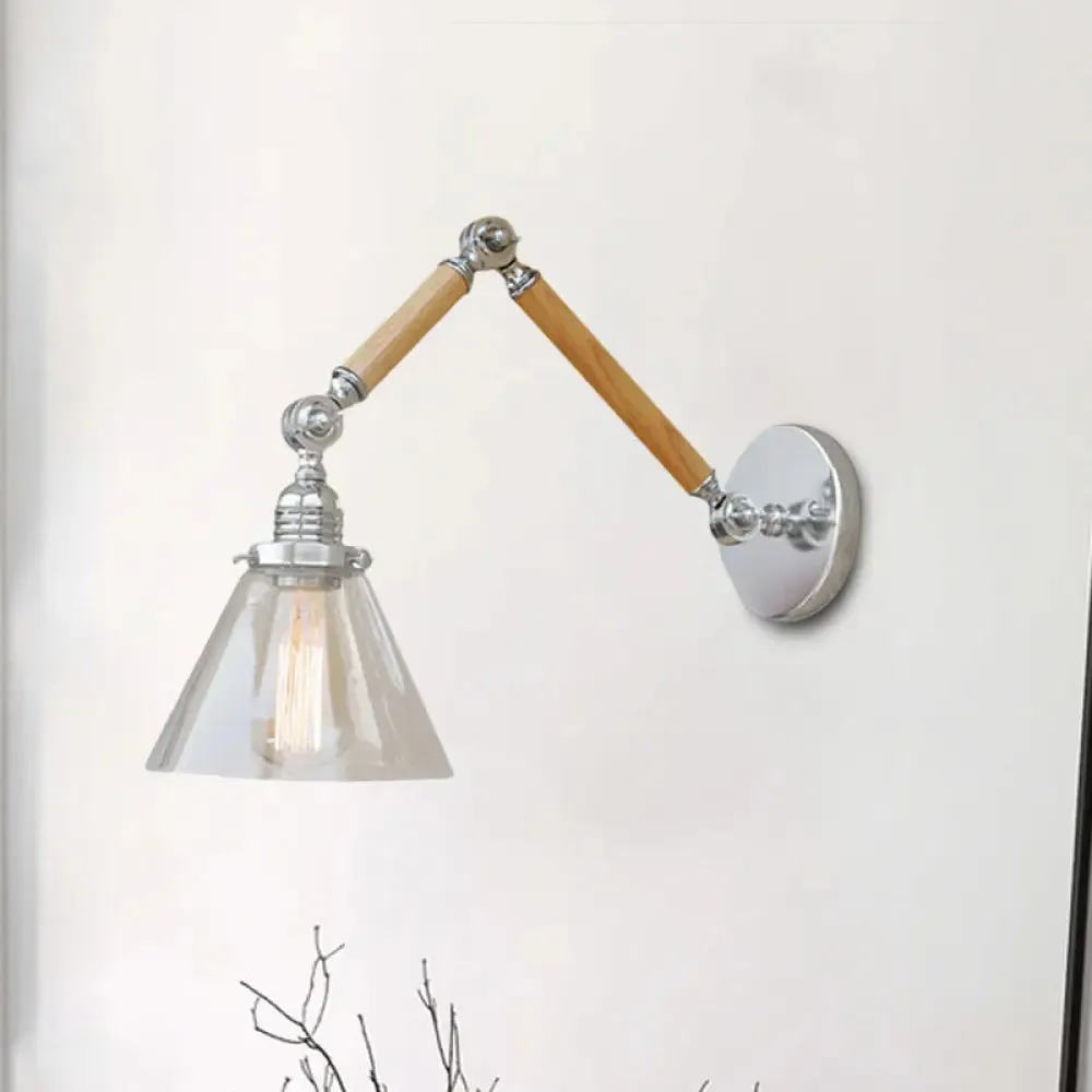 Vintage Style Clear Glass Cone Bedside Sconce Light Fixture with Chrome Wall Mount - Wooden Arm Options: 8" 8"/6" 6"/8" 4