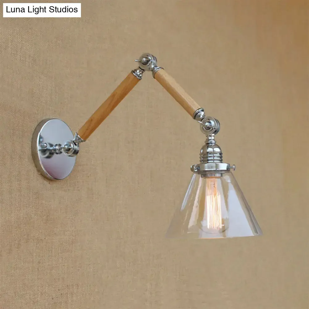 Vintage Style Clear Glass Cone Bedside Sconce Light Fixture with Chrome Wall Mount - Wooden Arm Options: 8" 8"/6" 6"/8" 4