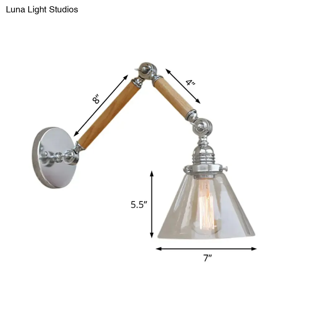 Vintage Style Clear Glass Cone Bedside Sconce Light Fixture with Chrome Wall Mount - Wooden Arm Options: 8" 8"/6" 6"/8" 4