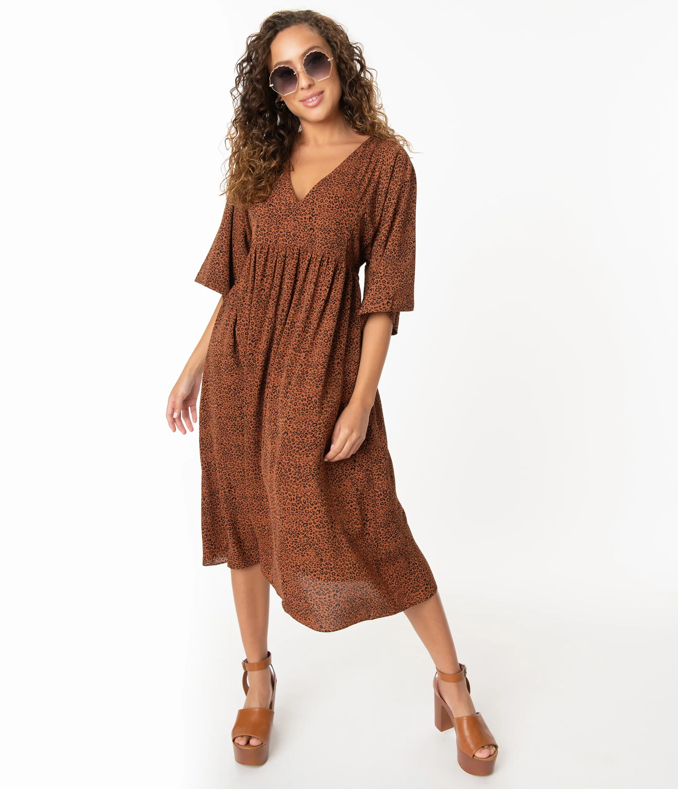 Vintage Style Leopard Print Casual Midi Dress