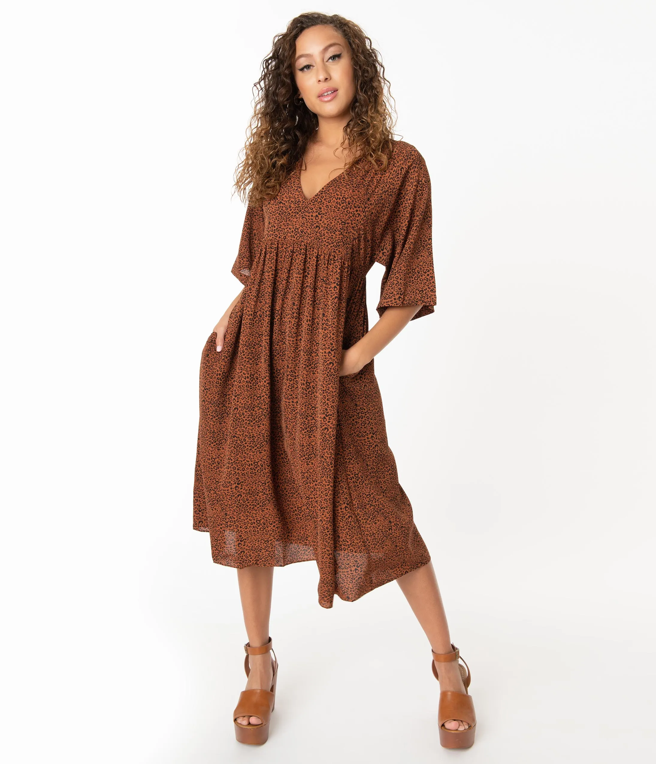 Vintage Style Leopard Print Casual Midi Dress