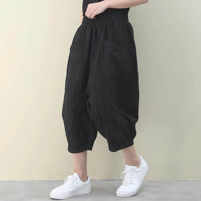 Vivid black pants vintage summer elastic waist Fashion women pants