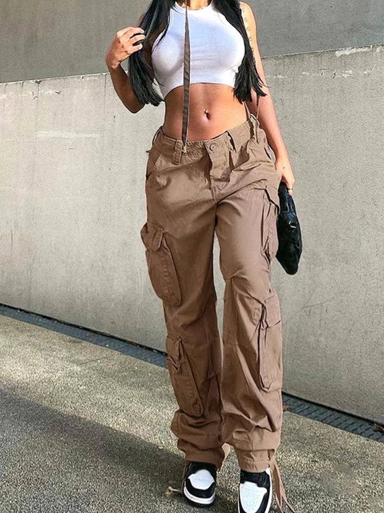 Wenkouban Cargo Pant Women Jeans Loose Trouser Sweat Pants With Pockets Vintage Long Streetwear Low Waist Casual Jogger Overalls