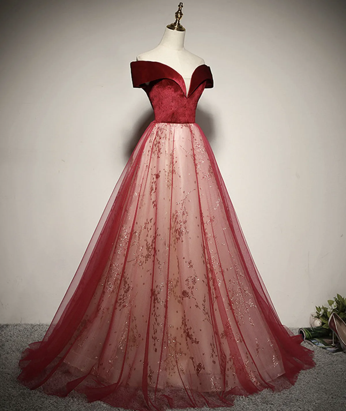 Wine Red A-line Off Shoulder Tulle with Velvet Prom Dress, Wine Red Tulle Formal Dress