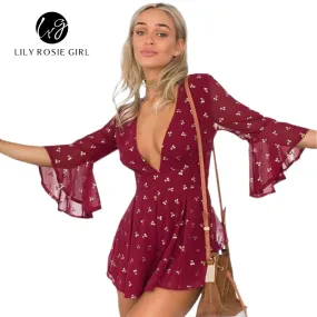 Wine Red Gilding Cherry Chiffon Elegant Jumpsuit Romper Summer Style Beach Playsuit Women Sexy Deep V Neck Short Overalls