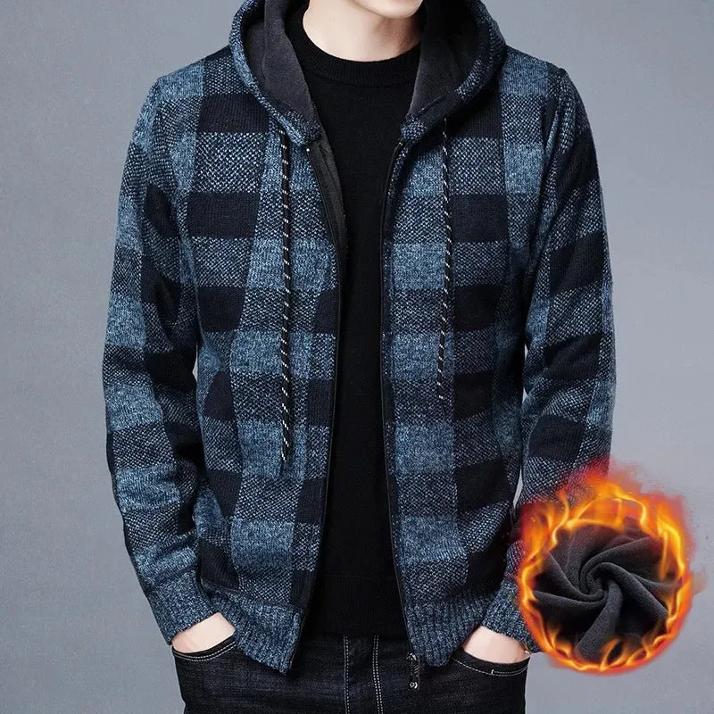 Winter 2023 New Men's Fleece Thickened Cardigan Knit Sweater / Male Loose Warm Hooded Add Wool Jacket Coat