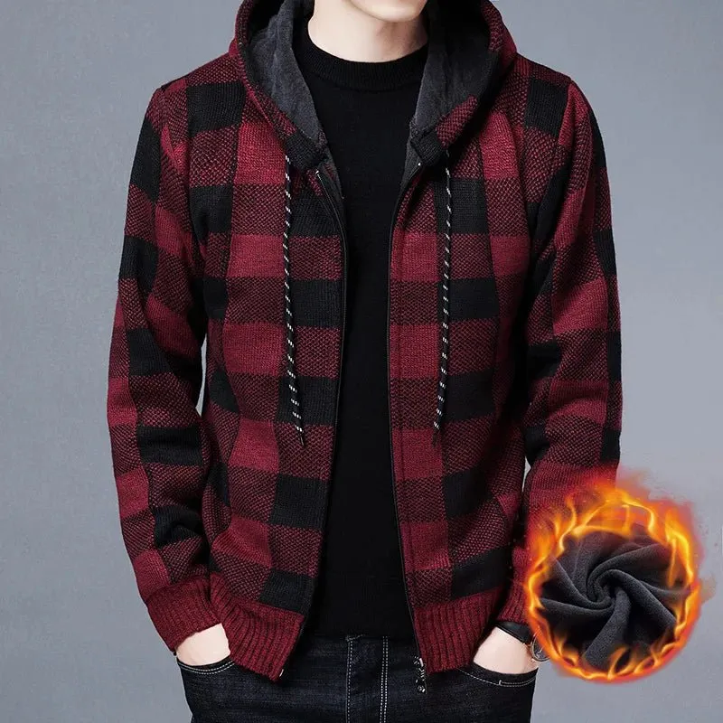 Winter 2023 New Men's Fleece Thickened Cardigan Knit Sweater / Male Loose Warm Hooded Add Wool Jacket Coat