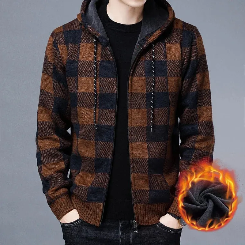 Winter 2023 New Men's Fleece Thickened Cardigan Knit Sweater / Male Loose Warm Hooded Add Wool Jacket Coat