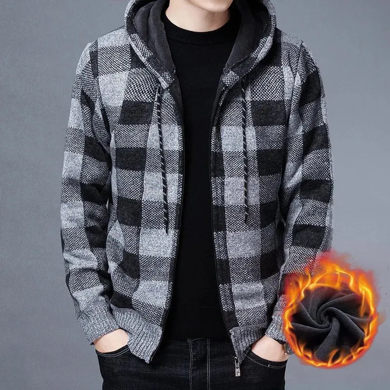 Winter 2023 New Men's Fleece Thickened Cardigan Knit Sweater / Male Loose Warm Hooded Add Wool Jacket Coat