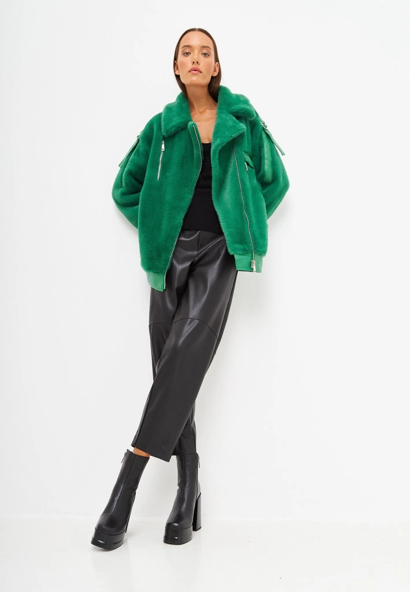 Winter Colourful Faux Fur Jacket -  Green