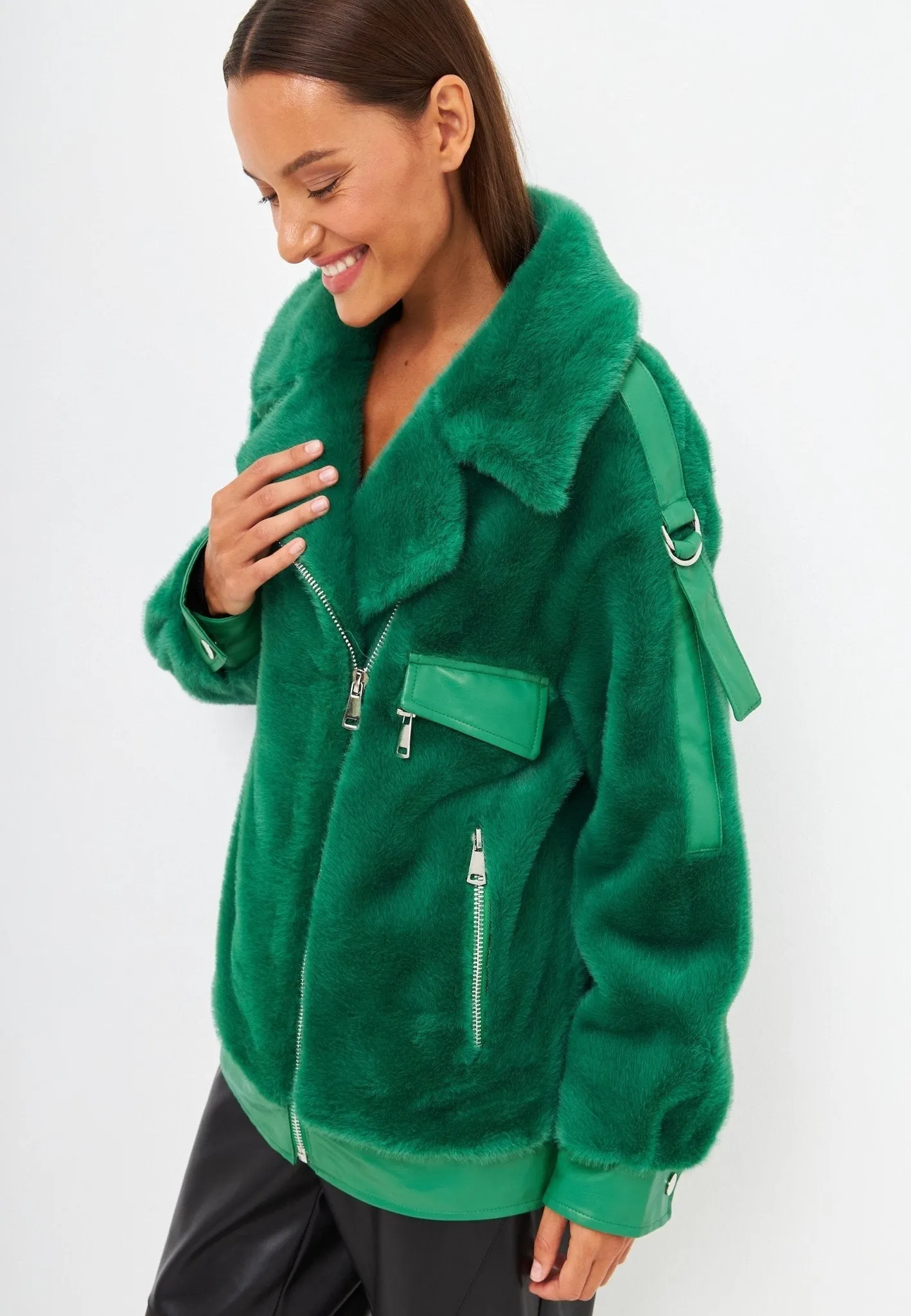 Winter Colourful Faux Fur Jacket -  Green