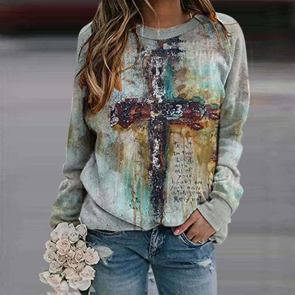 Women's Cross Print Sweatshirt Colorful Crew Neck Long Sleeve Top