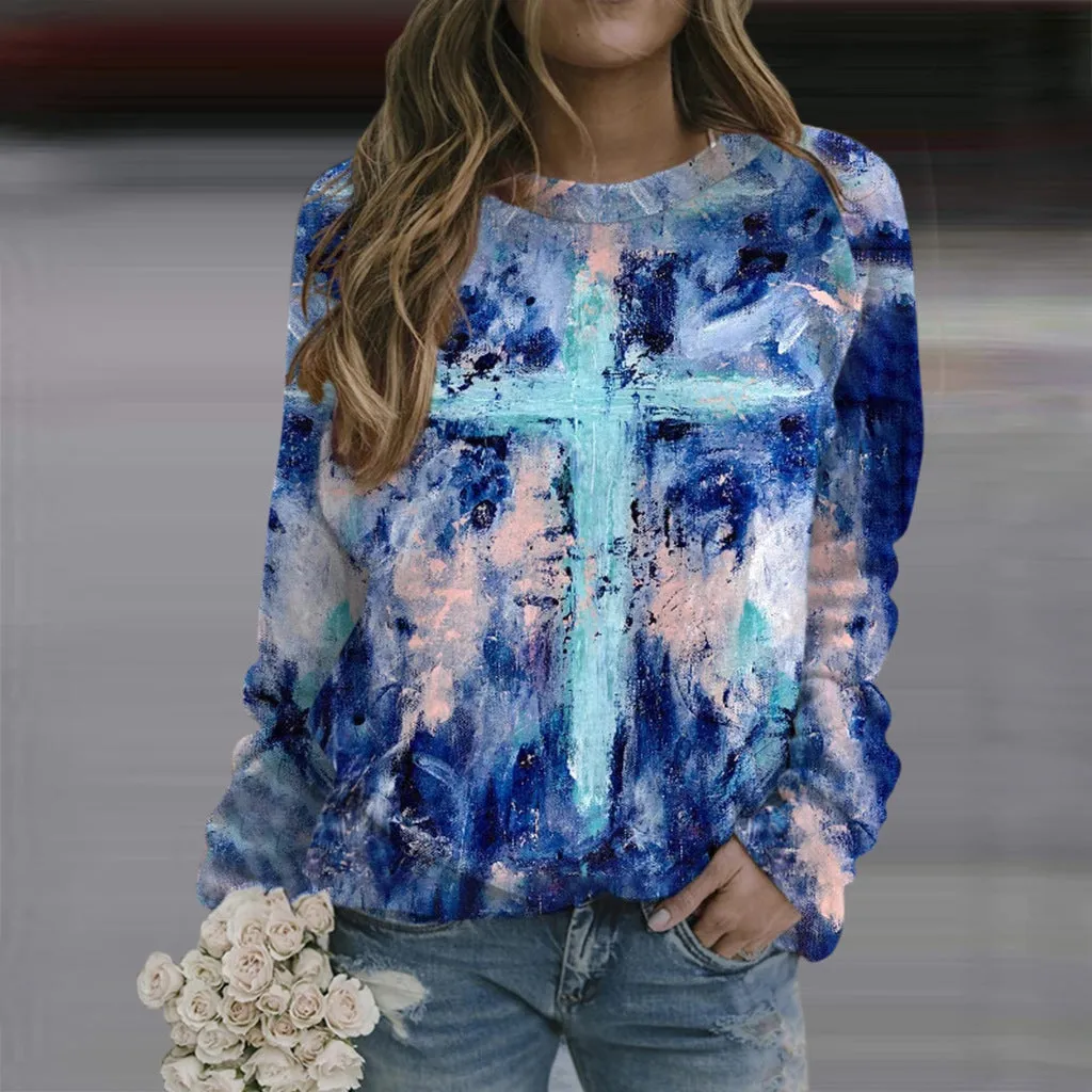 Women's Cross Print Sweatshirt Colorful Crew Neck Long Sleeve Top