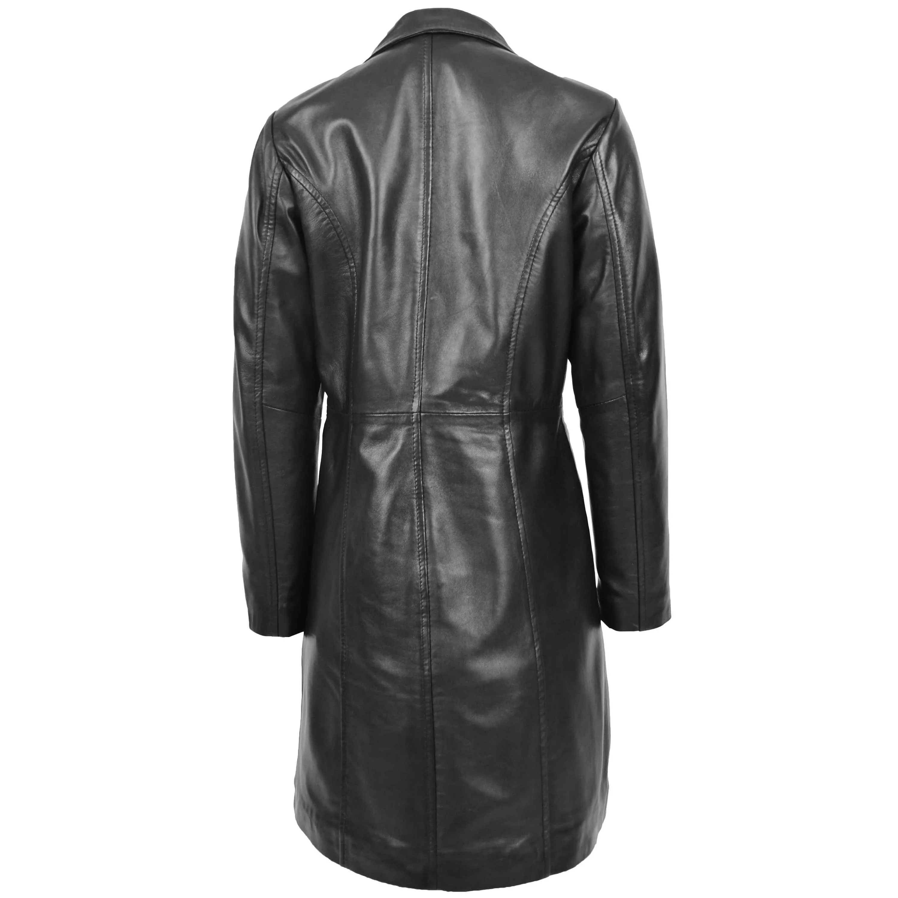 Womens Real Leather Mac Coat 3/4 Length Classic Style Riley Black