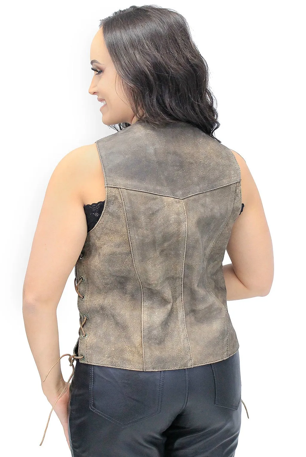 Women's Rustic Brown Leather Side Lace Vest Special #VL618LDN Z ()