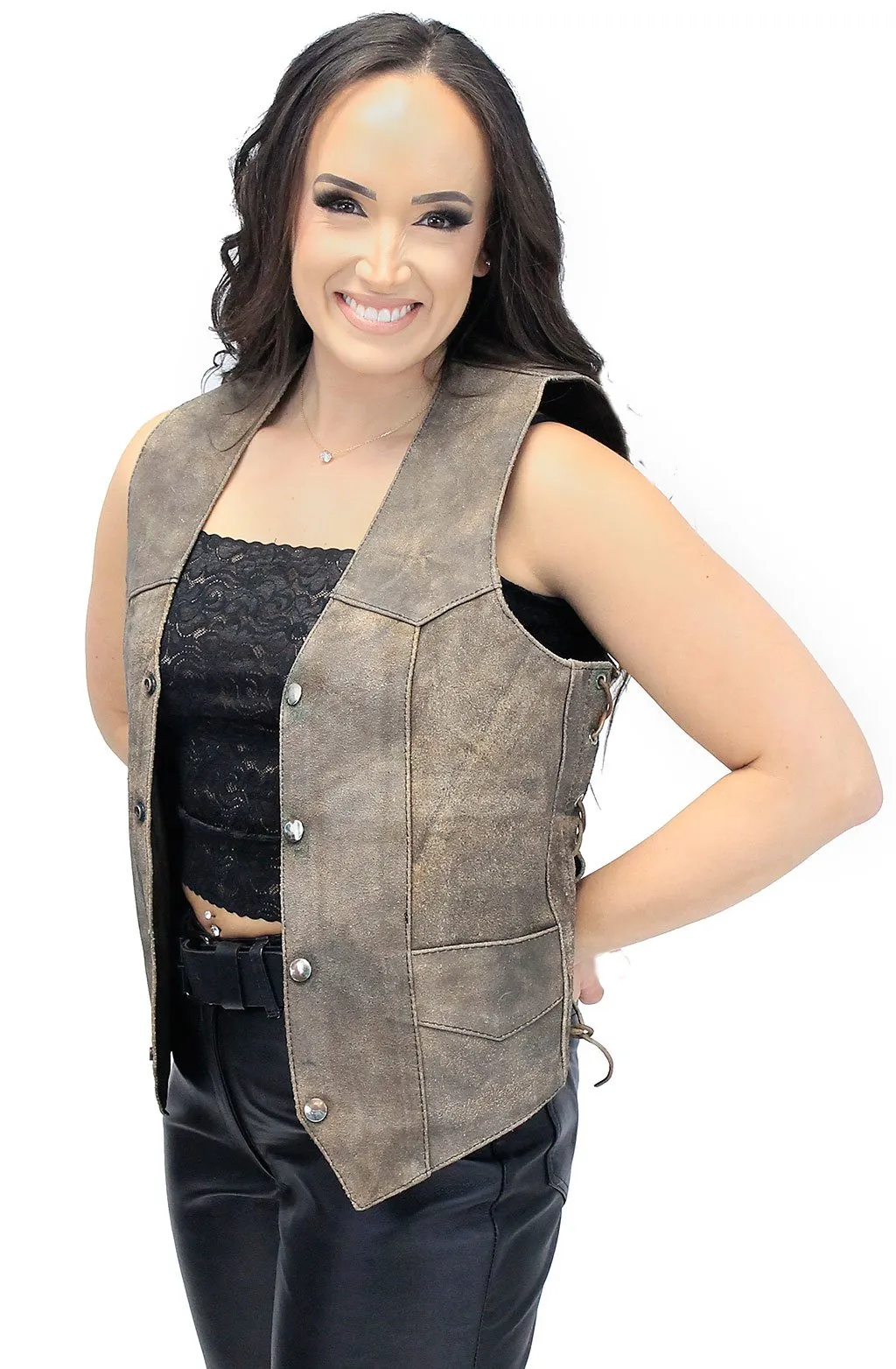 Women's Rustic Brown Leather Side Lace Vest Special #VL618LDN Z ()