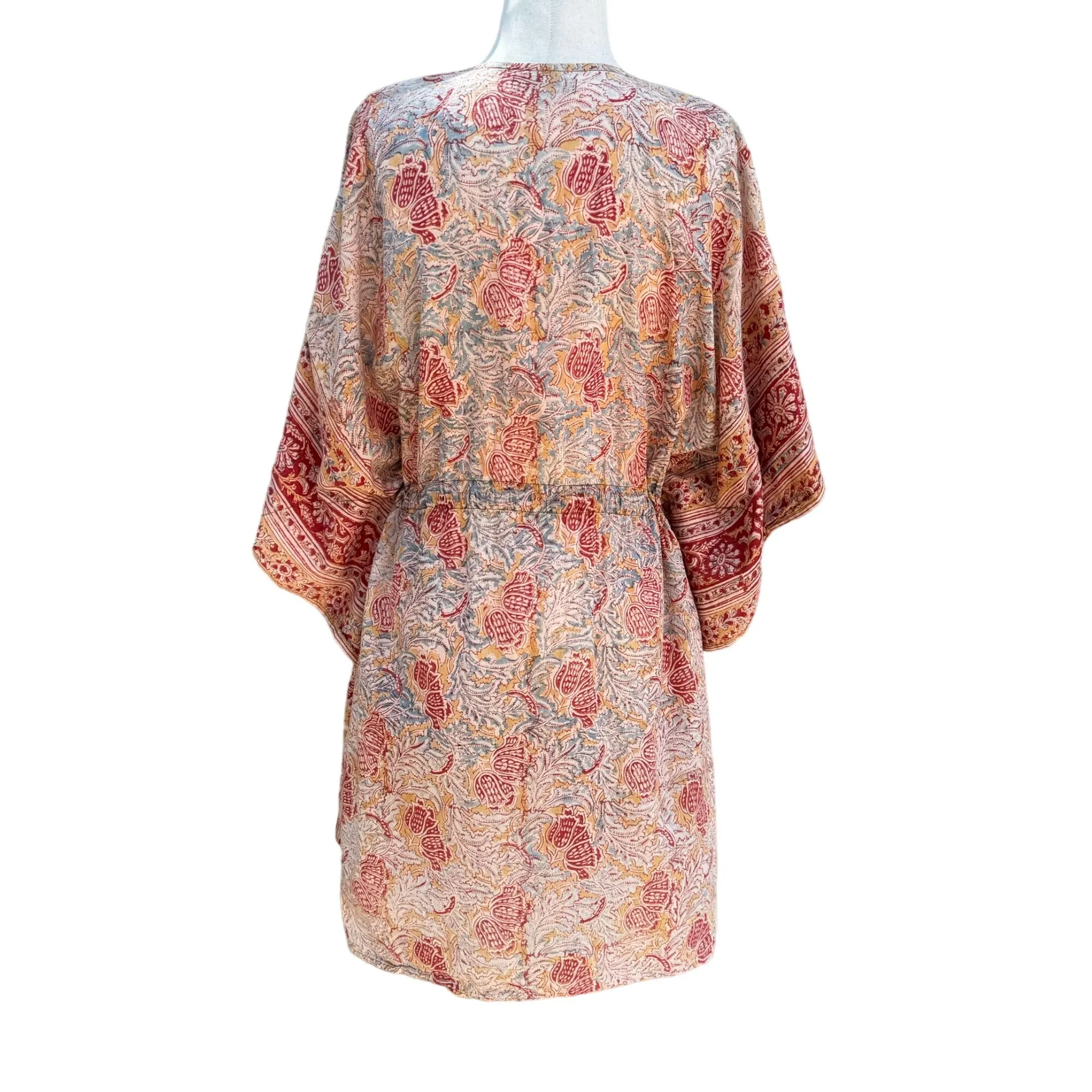 World Market Bohemian V Neck Red Beige Floral Paisley Tie Waist Kaftan Dress -OS