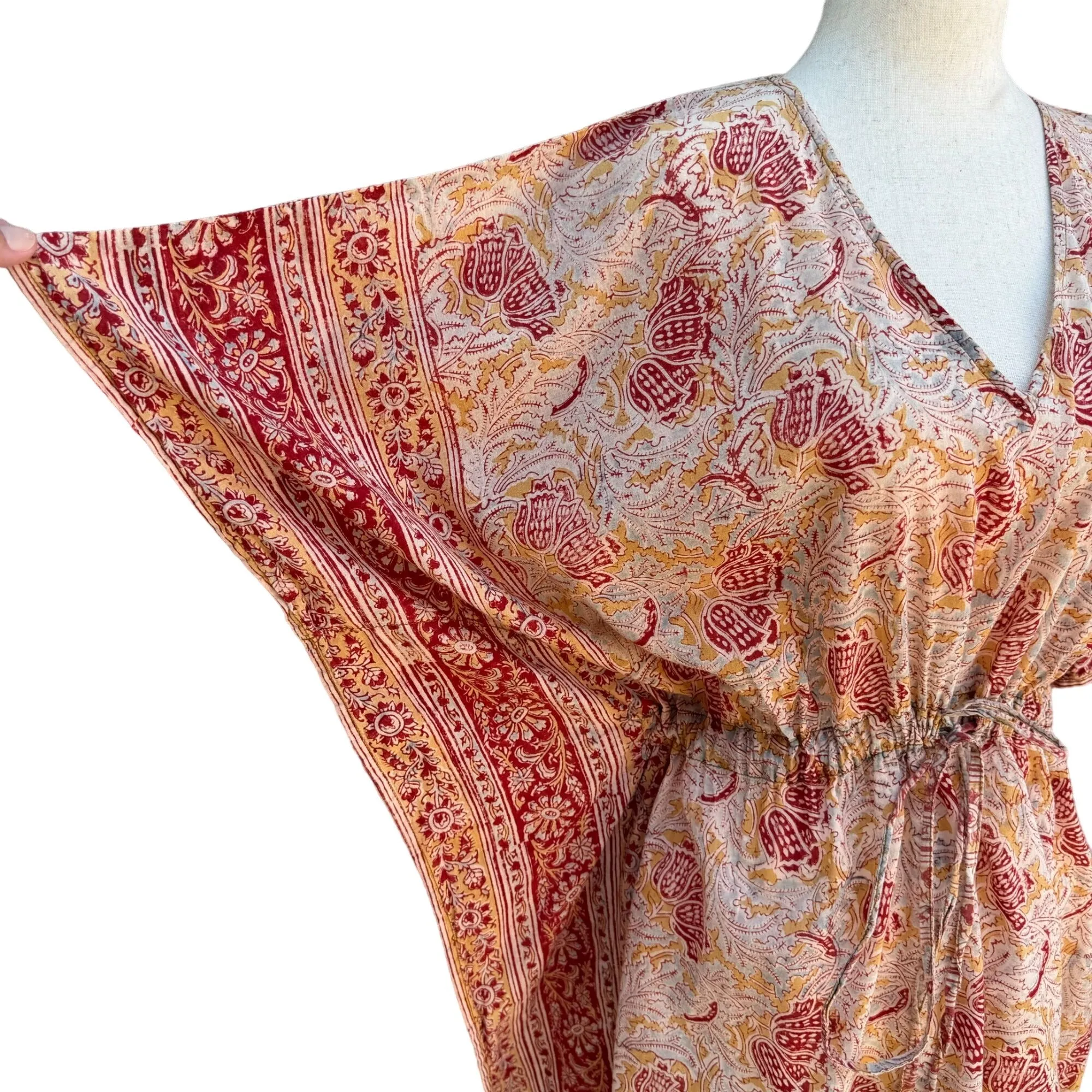 World Market Bohemian V Neck Red Beige Floral Paisley Tie Waist Kaftan Dress -OS