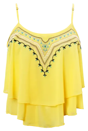 Yellow Asymmetric Frill Tribal Embroidery Sleeveless Crop Top