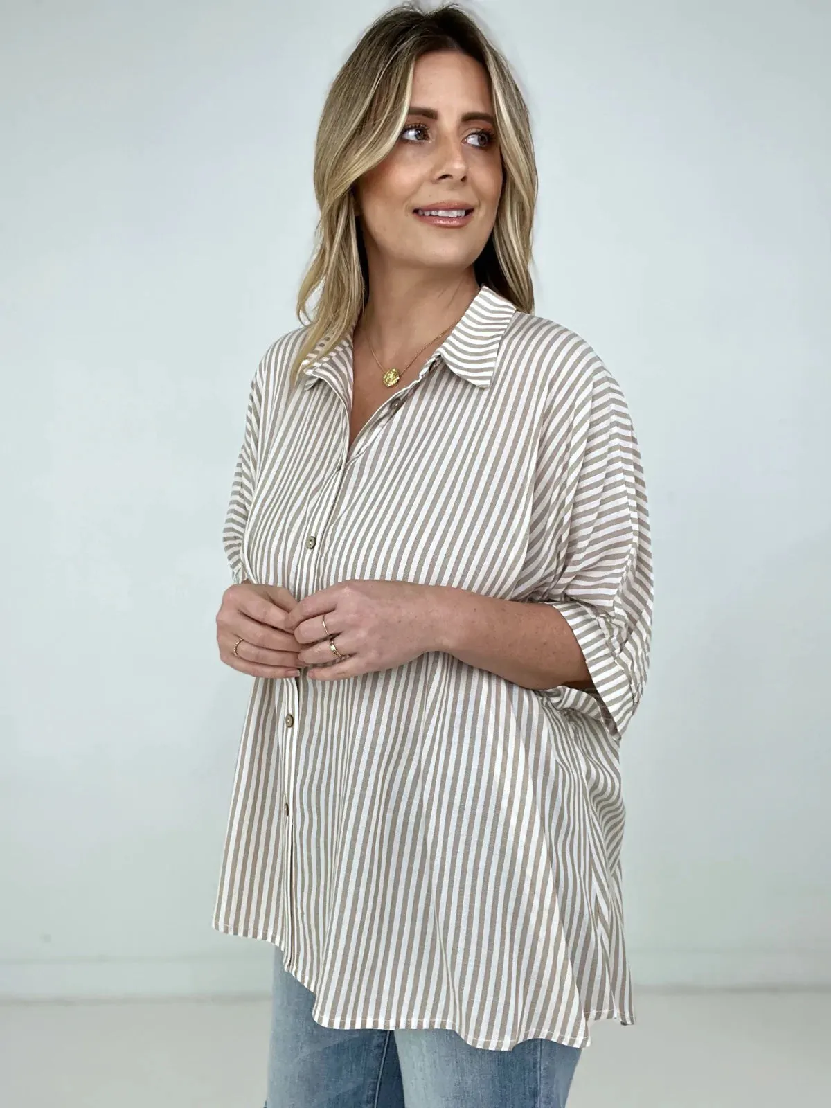 Zenana "Lucky Stripes" Oversized Striped Short Sleeve Button-Up Shirt