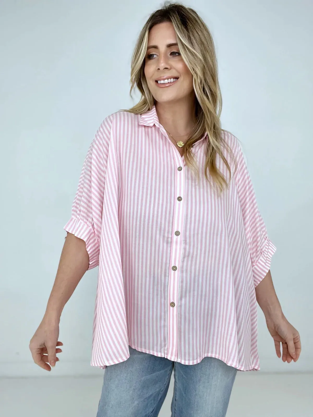 Zenana "Lucky Stripes" Oversized Striped Short Sleeve Button-Up Shirt