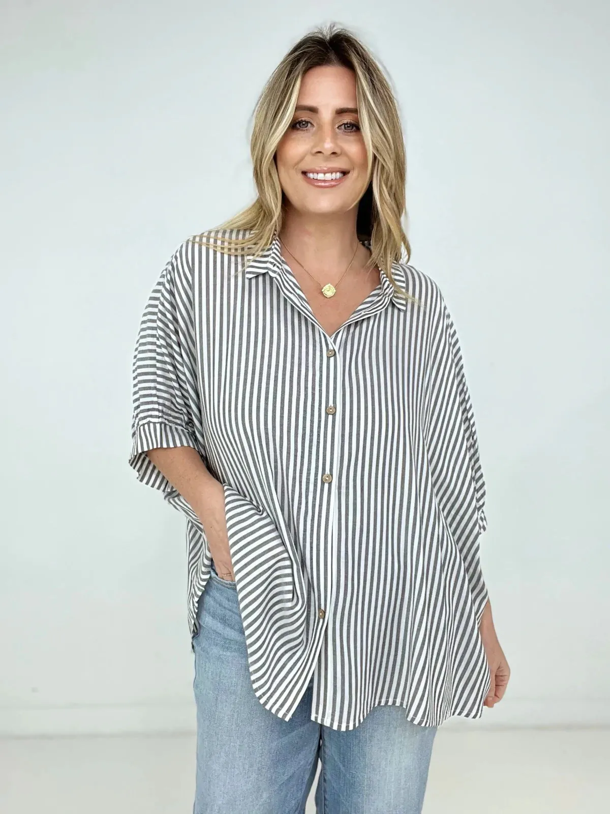 Zenana "Lucky Stripes" Oversized Striped Short Sleeve Button-Up Shirt