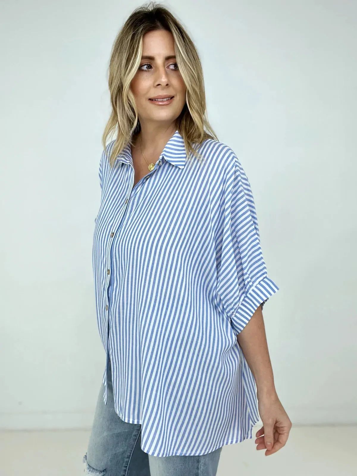 Zenana "Lucky Stripes" Oversized Striped Short Sleeve Button-Up Shirt