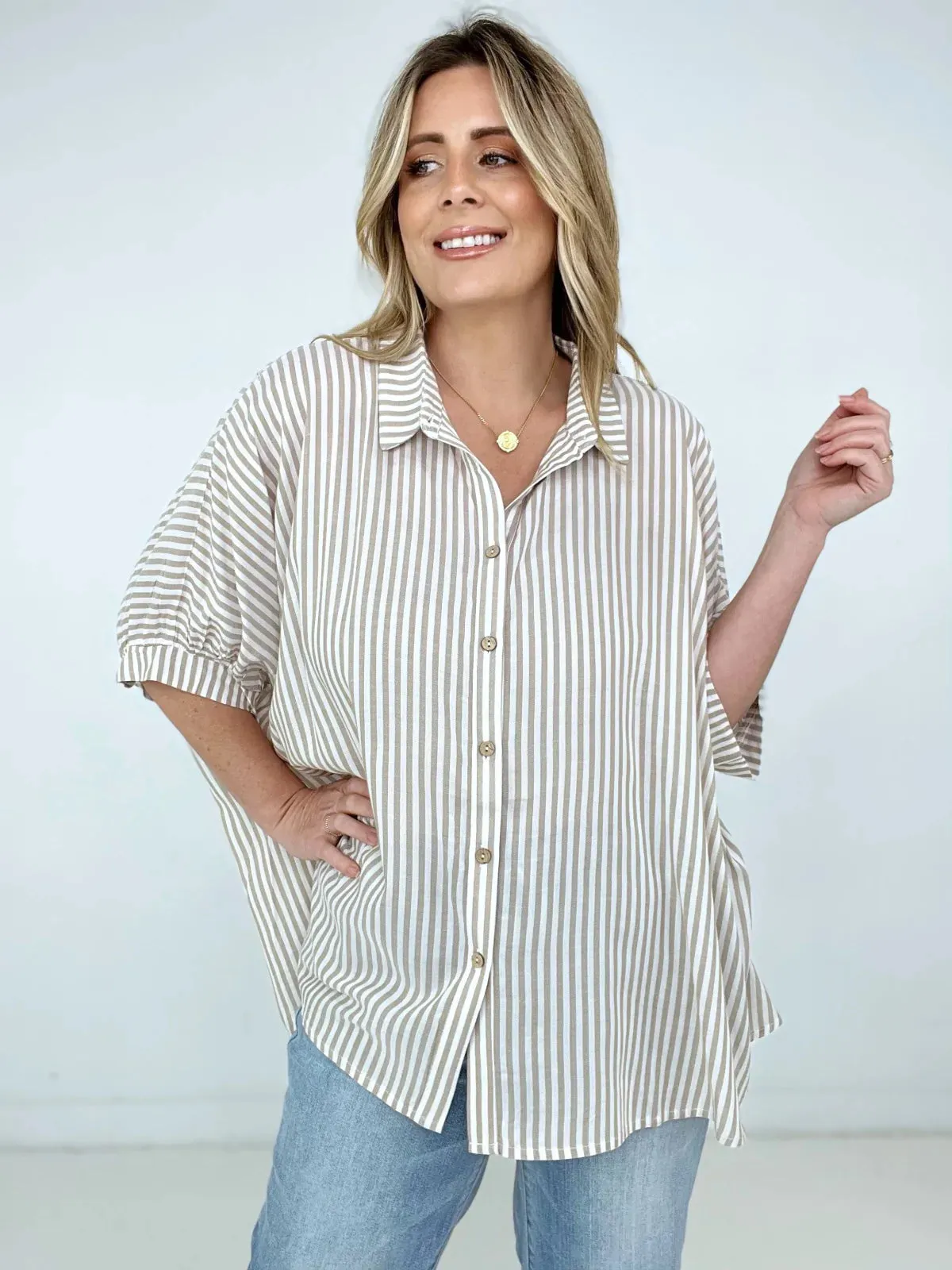 Zenana "Lucky Stripes" Oversized Striped Short Sleeve Button-Up Shirt