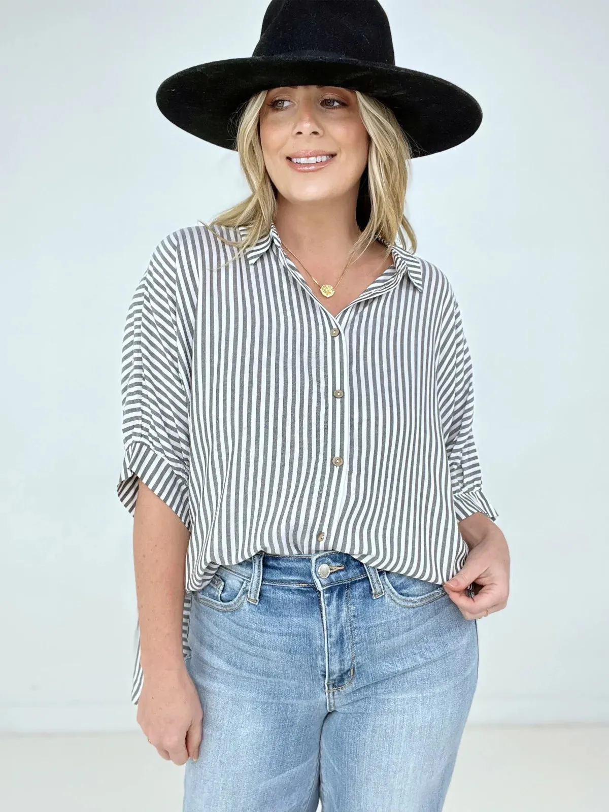 Zenana "Lucky Stripes" Oversized Striped Short Sleeve Button-Up Shirt